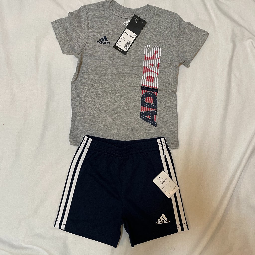 Adidas 2 Piece Set Baby Boy 12 Months Shorts And T Shirt Grey Navy Blue